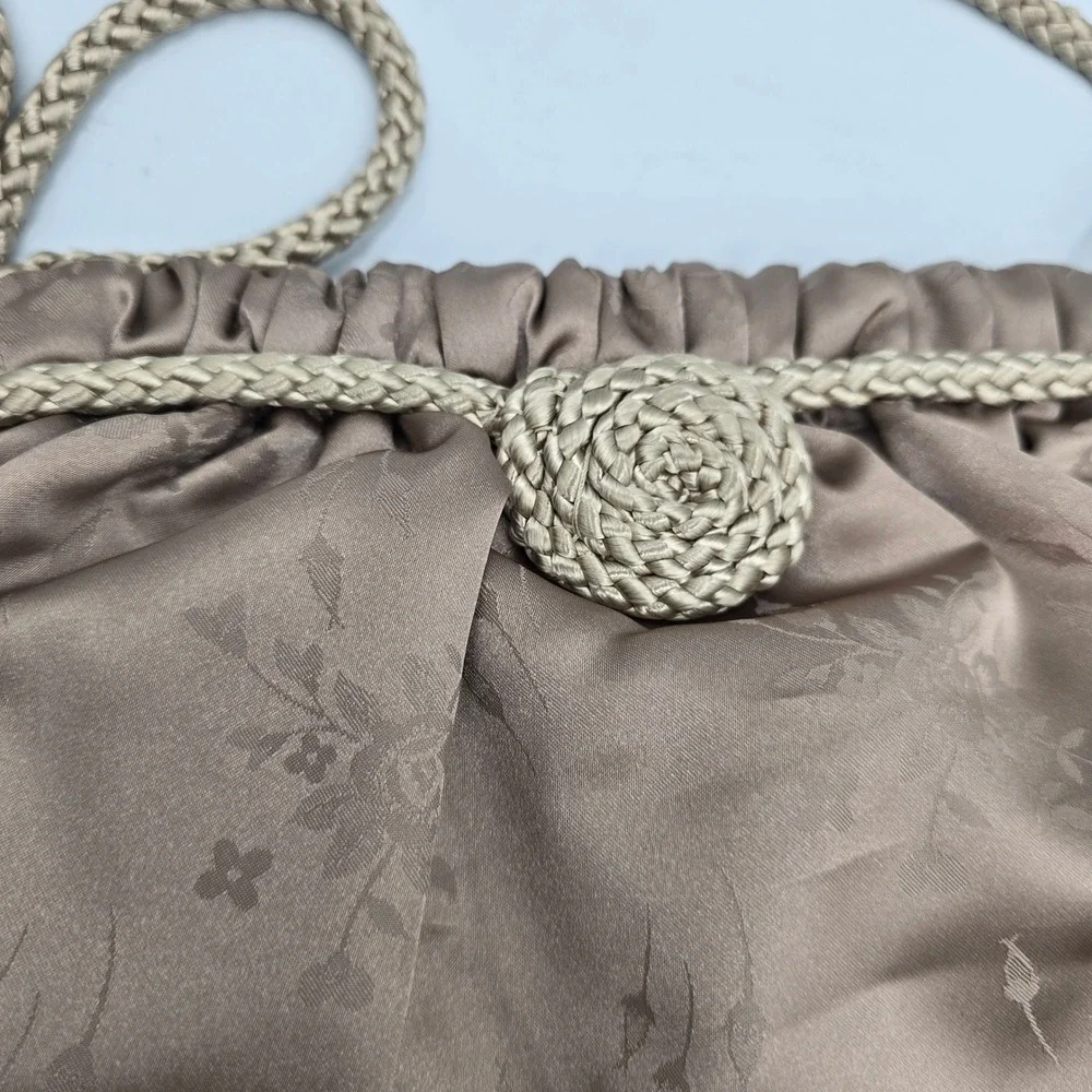 Vintage Bronze Floral Damask Evening Bag Braided Rope Pouch Rosette Taupe Formal